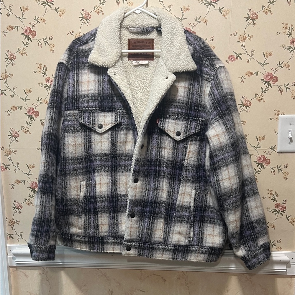 Levi's Black and White Plaid Sherpa Trucker Jacket Size XL